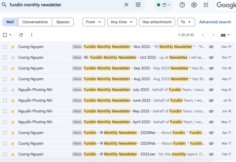 Email báo cáo tình hình startup được CEO Fundiin gửi thường xuyên tới các nhà đầu tư của mình. Ảnh: Nguyễn Cảnh Cường.
